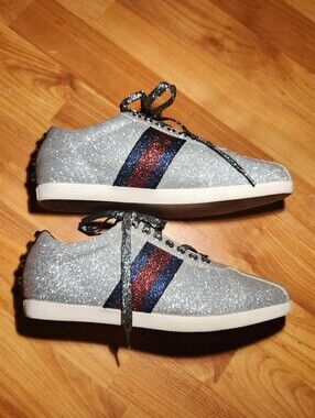 Gucci Silver Glitter Low-Top Sneakers with Red & Blue Stripe